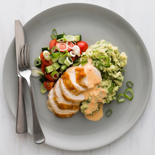 Crispy Chermoula Chicken with Kumara Mash and Garden Salad