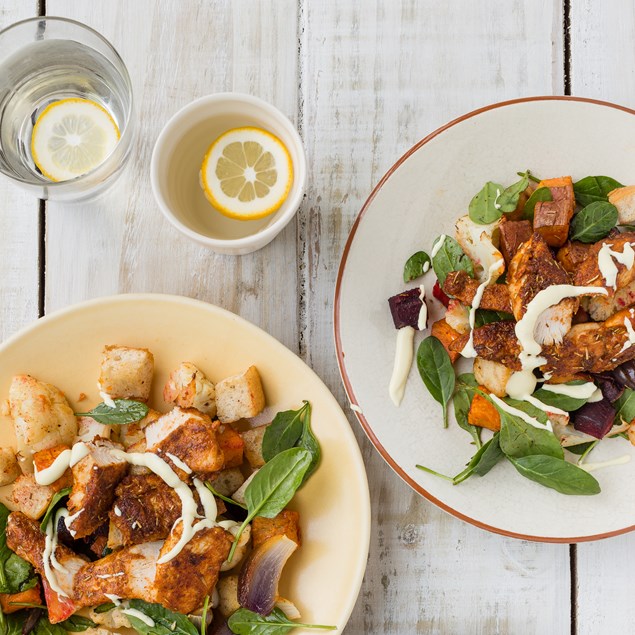 Cajun Chicken with Roast Vegetables and Croutons