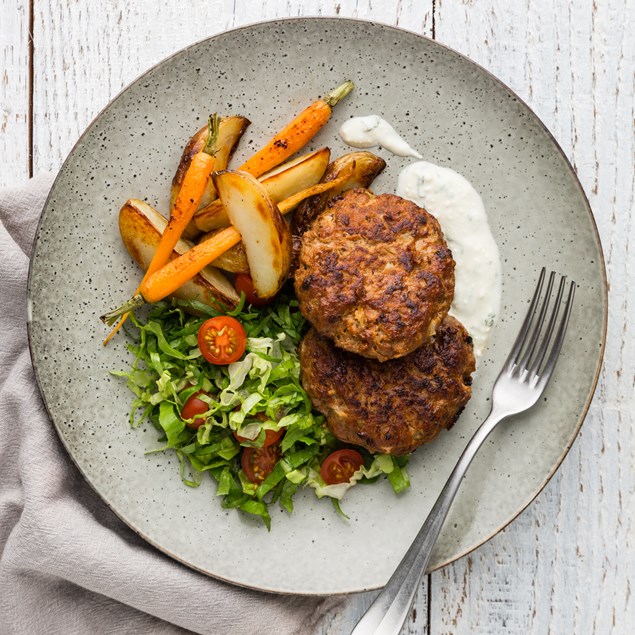 Beef Rissoles with Wedges and Basil Feta Whip