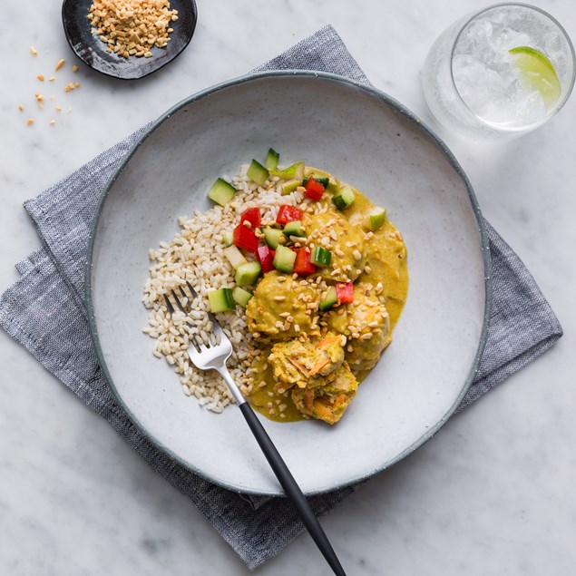 Satay Turkey Meatballs with Pear and Capsicum Salsa