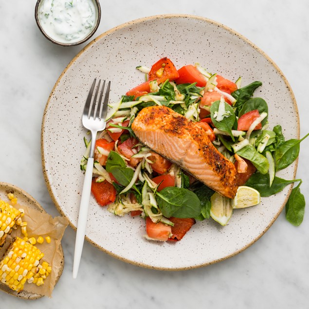 Mexican Salmon Salad with Roasted Capsicum & Herb Yoghurt