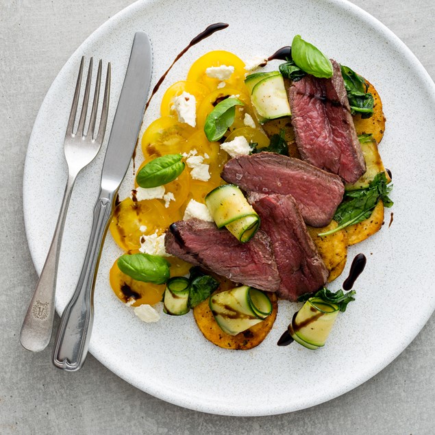 Venison Medallions with Tomato, Feta and Basil Salad 