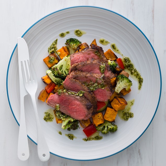 Beef Sirloin Steak with Roast Vegetable Salad and Pesto