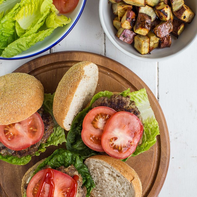 Beef Burgers with Sweet Chilli Kumara Bites