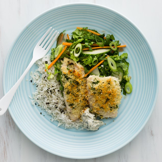 Coriander Crumbed Fish with Jasmine Rice and Japanese Salad