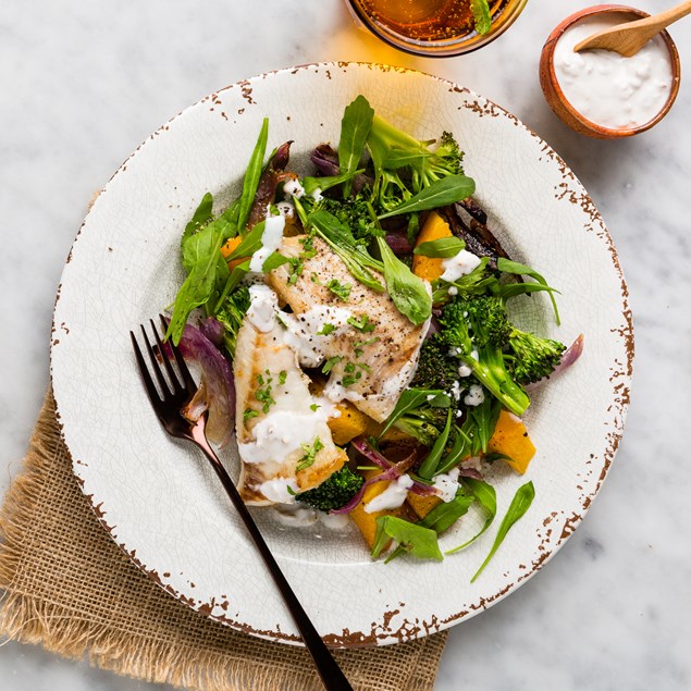 Gremolata Fish with Roasted Pumpkin & Walnut Yoghurt