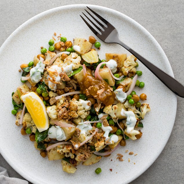 Indian Potato Salad with Coriander Yoghurt and Mango Chutney