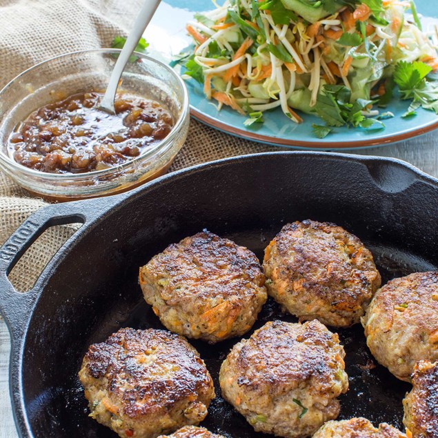 Thai-Style Pork Cakes with Jasmine Rice and Apple Sesame Chutney