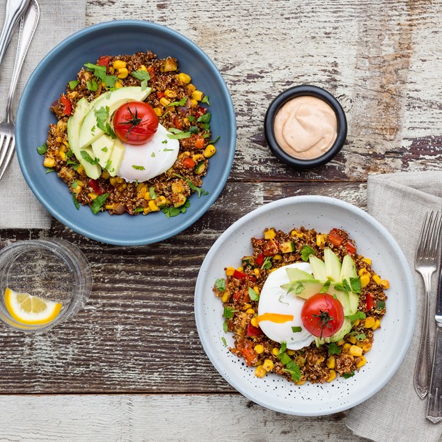 Mexican Quinoa Bowls with Poached Eggs and Chiptle Mayo