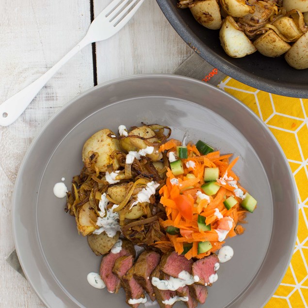 Lamb with Spiced Potatoes, Carrot Salad and Minted Yoghurt