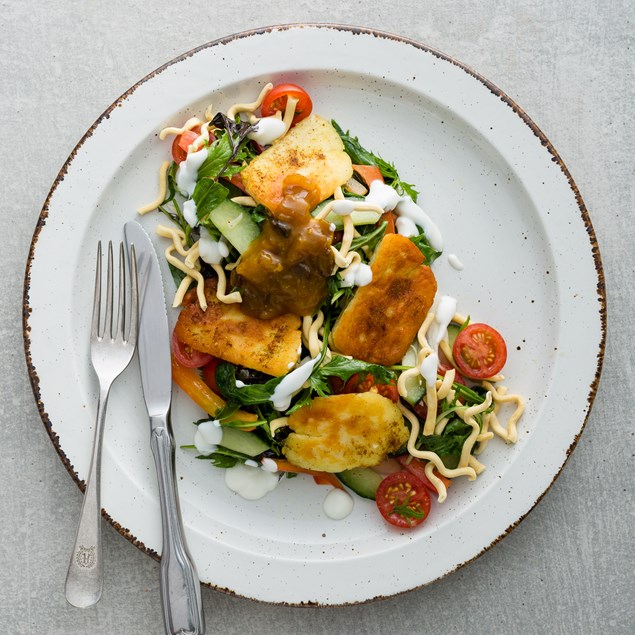 Indian Spiced Haloumi Salad with Mango Chutney and Crispy Noodles