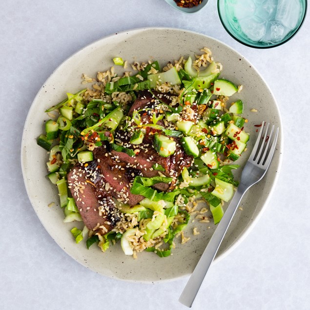 Sticky Beef with Rice & Cucumber Peanut Salsa