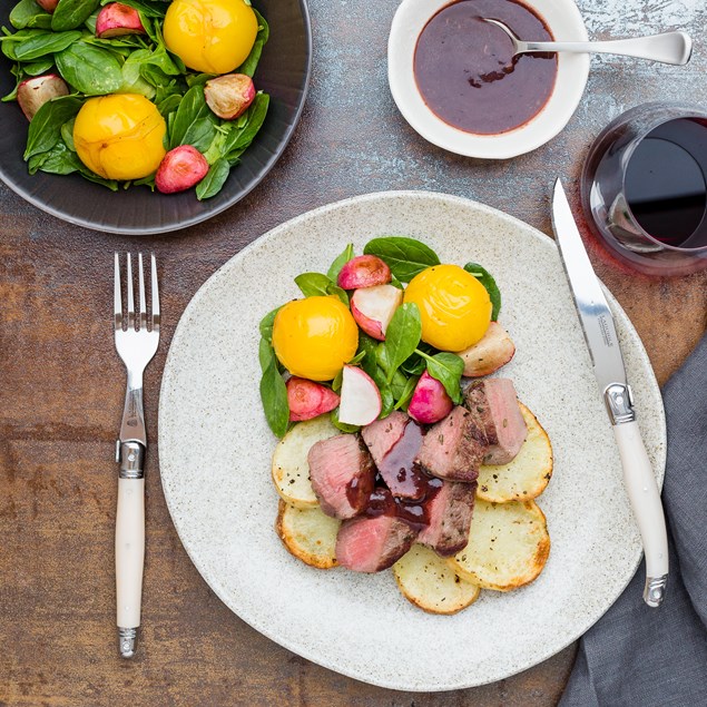 Rosemary Venison with Spring Roasted Vegetables and Blueberry Sauce