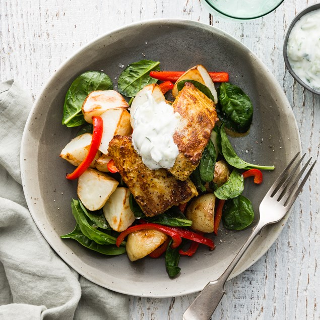 Korma Fish with Veggie Salad and Cucumber Yoghurt