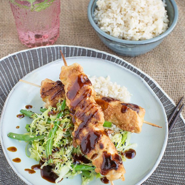 Karaage Chicken Skewers with Rice and Katsu Sauce