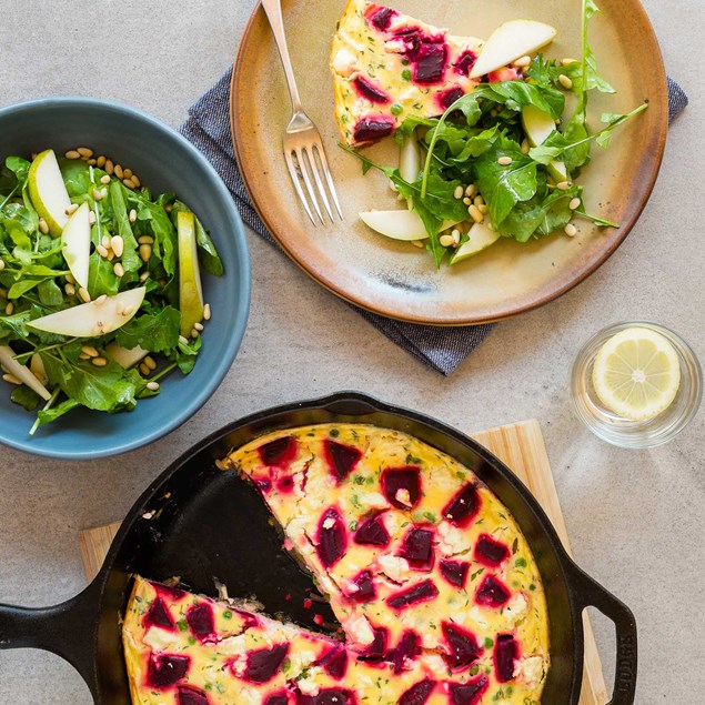 Beetroot, Caramelised Onion, Feta and Pea Frittata with Rocket, Pear and Pine Nut Salad