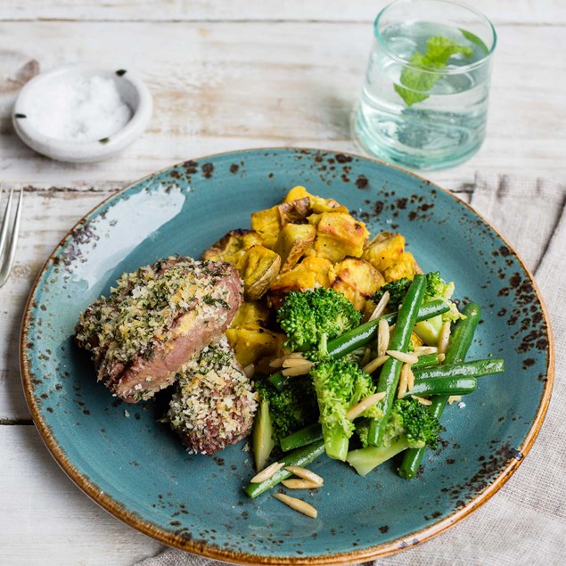 Mint-Crusted Lamb with Roasted Kumara Crush and Garlic Greens