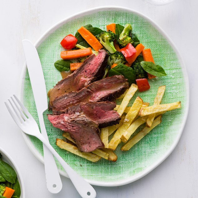 Beef Steaks with Chippies and Peppercorn sauce