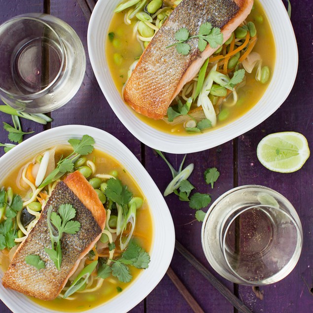 Crispy Salmon with Miso Ginger Vegetable Noodle Broth