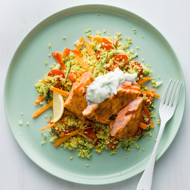 Korma Salmon with Yellow Couscous and Cucumber Dip