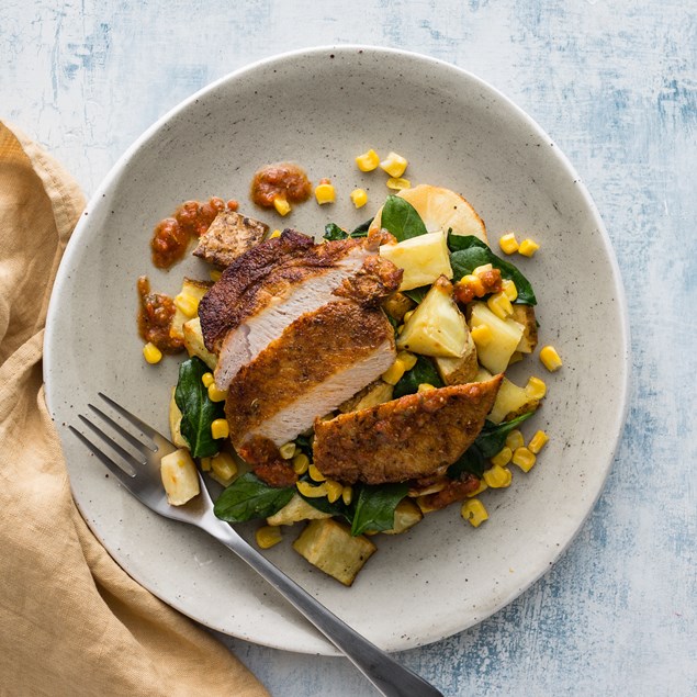 Chilean Pork Steak with Roasted Veggies and Pebre Mayo