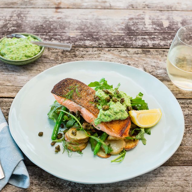 Crispy Salmon with Garlic Potatoes, Pea Sauce and Crunchy Capers