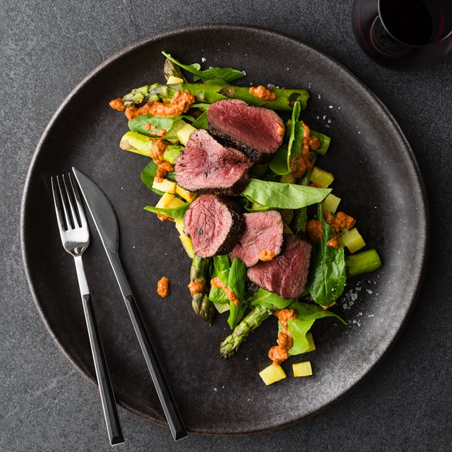 Seared Venison with Asparagus, Rocket and Sicilian Potatoes 