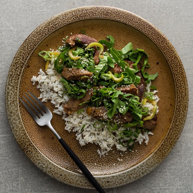 Hoisin Beef with Sesame Rice and Asian Greens