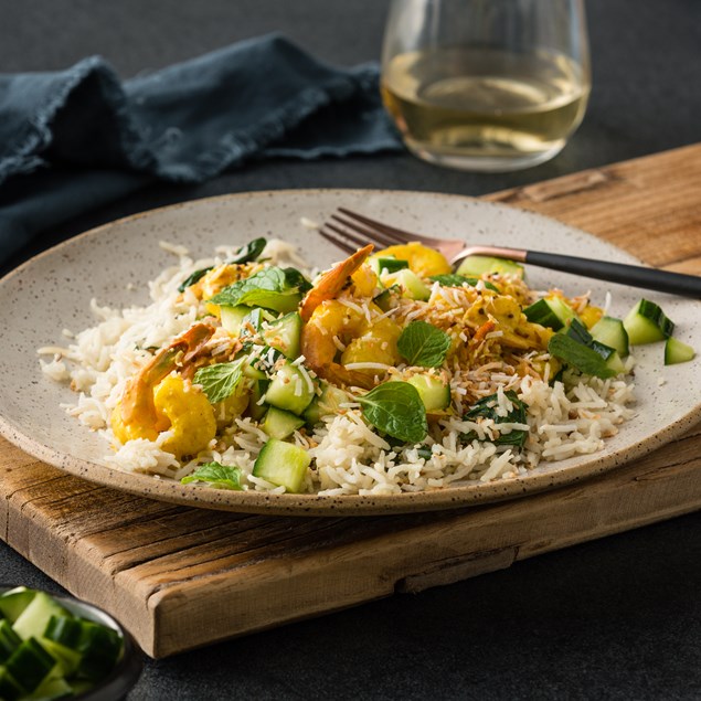 Turmeric & Coconut Fried Prawns with Cucumber & Mint