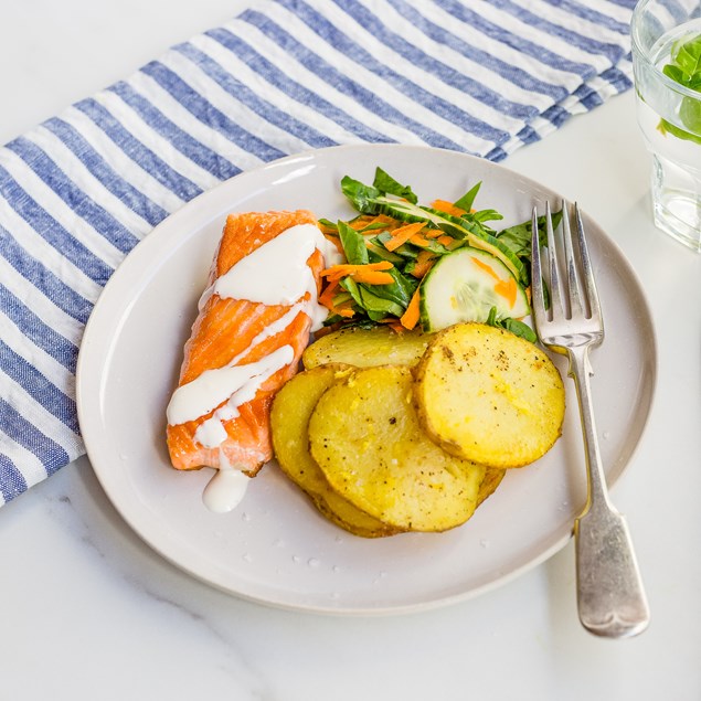 Pan-Fried Salmon with Lemon Mayo and Zesty Potato Rounds