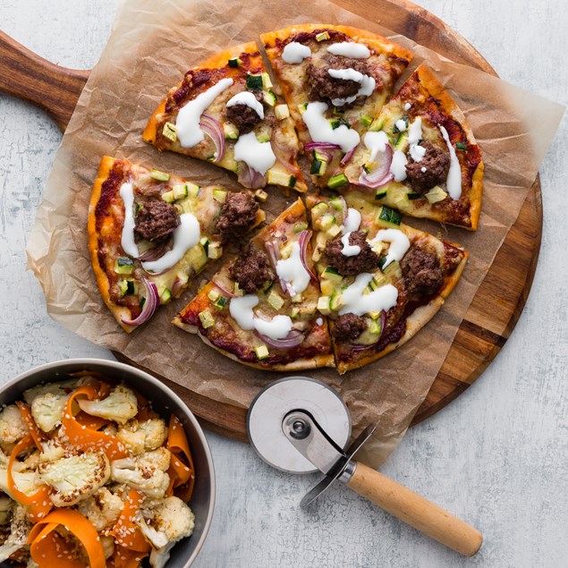 Greek Lamb Pizza with Yoghurt & Sesame Cauliflower