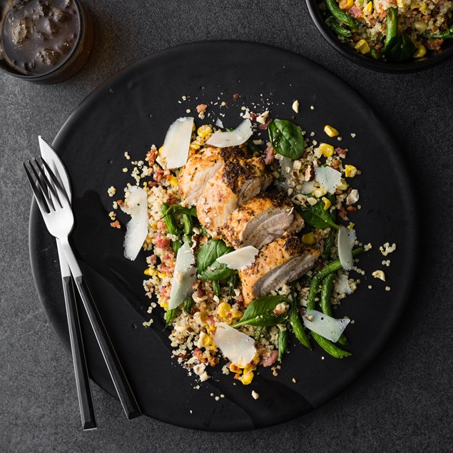 Chicken Thigh with Sweetcorn Bacon Hazelnut Salad and Pecorino