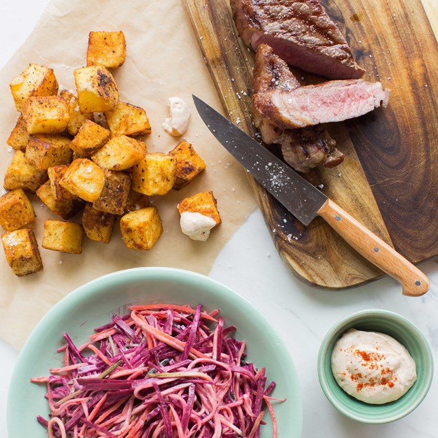 Pan-Fried Beef with Cajun Roasted Potatoes and Grated Salad