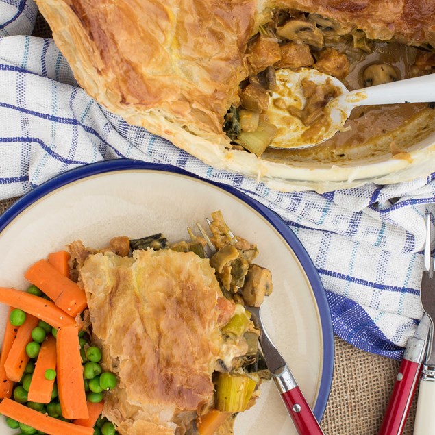 Creamy Kumara, Mushroom and Leek Pie with Vegetables