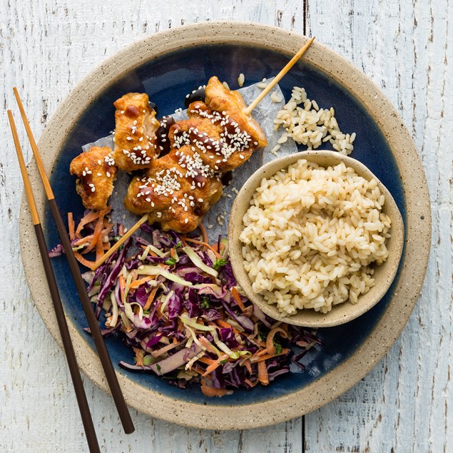 Karaage Chicken Skewers with Katsu Sauce, Slaw and Rice