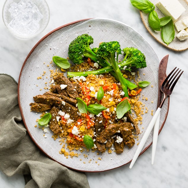 Red Chimichurri Beef with Toasted Corn Bulgur & Broccolini