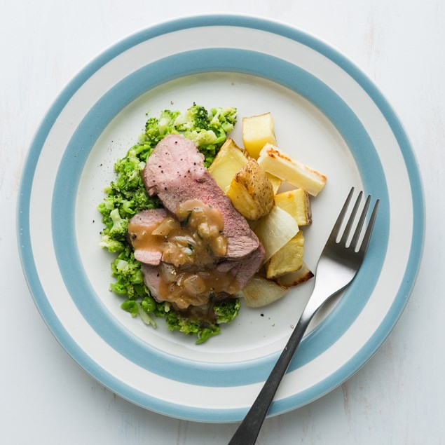 Lamb Roast with Broccoli Smash and Gravy