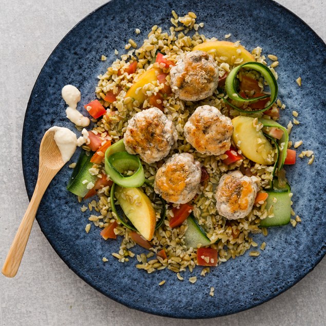 Turkey Kofta with Freekeh Salad and Hummus Mayo