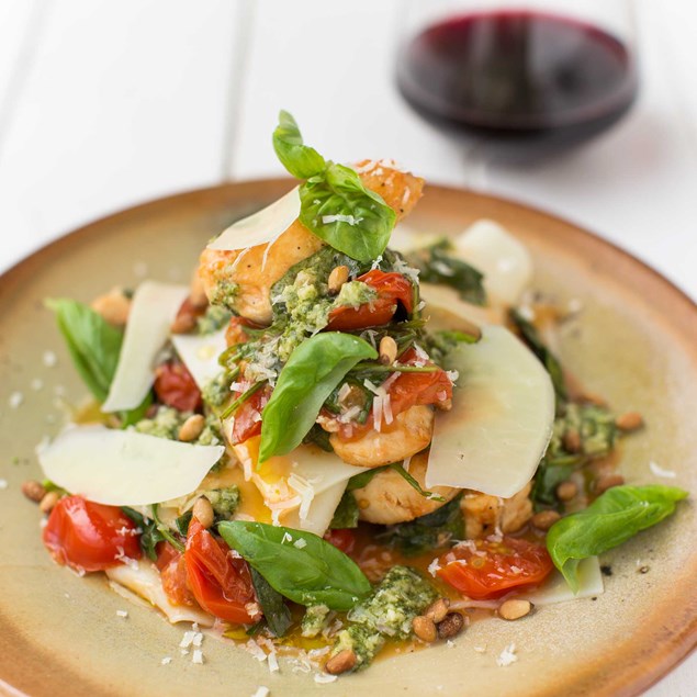 Open Chicken Lasagne with Cherry Tomatoes, Basil Pesto and Pine Nuts