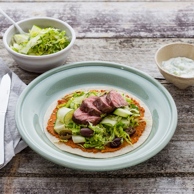 Middle Eastern Lamb Wraps with Eggplant, Tzatziki and Cos