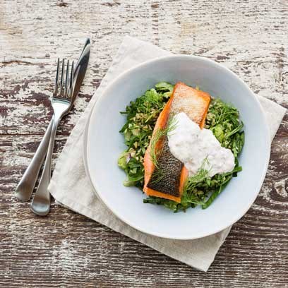 Crispy Salmon with Warm Freekeh Salad and Dill Mayo