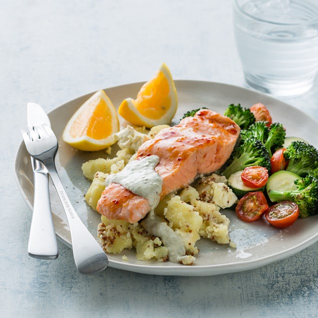 Sweet Chilli-Glazed Salmon with Feta Crush and Caper Crème