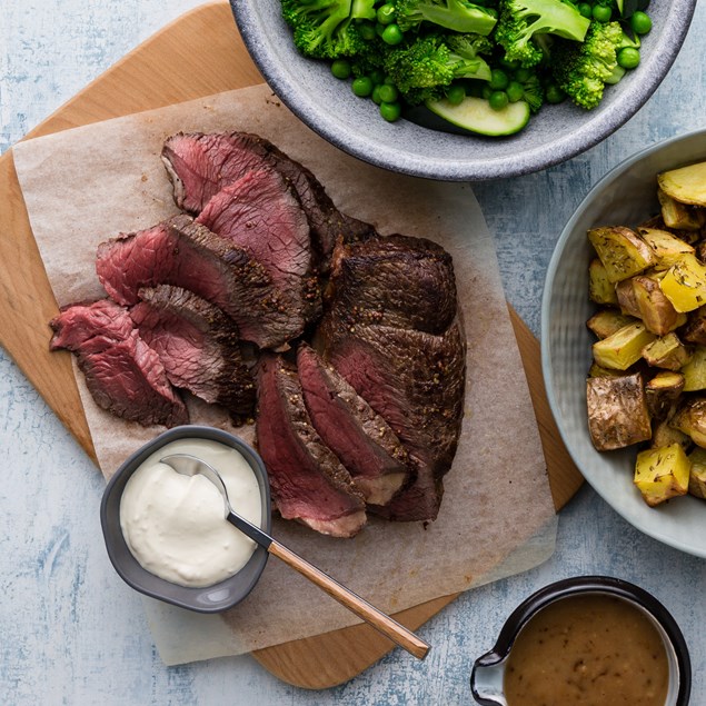 Mustard Roast Beef with Roasted Potatoes, Greens and Gravy