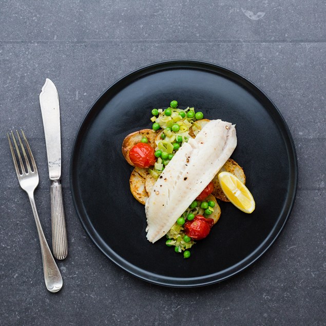 Pan-Fried Fish with Thyme Sautéed Peas and Leeks