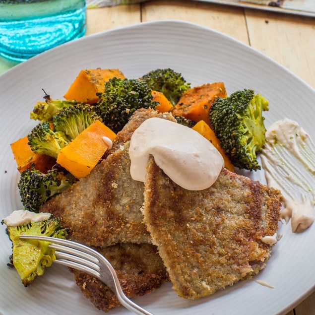 Crunchy Beef Schnitzel with Roast Vegetables