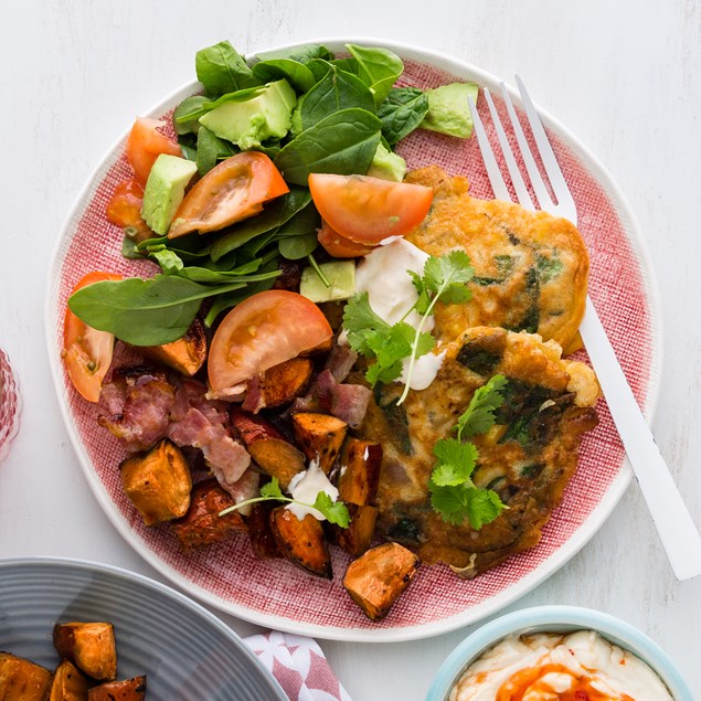 Corn Fritters with Kumara, Bacon & Avocado Salad