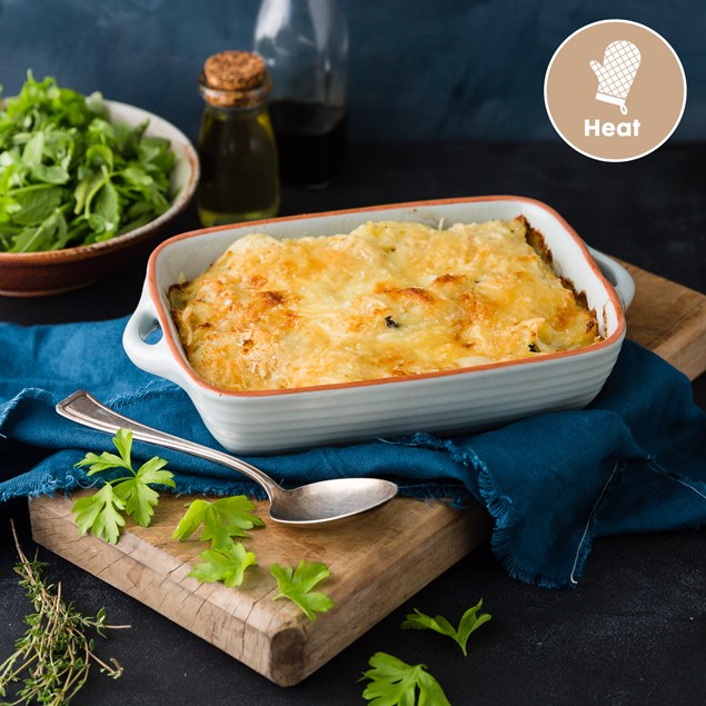 Chicken Potato Gratin with Roasted Broccolini and Almonds
