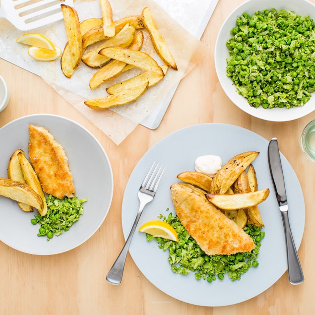 Lemon Panko-Crumbed Fish with Broccoli Pea Smash