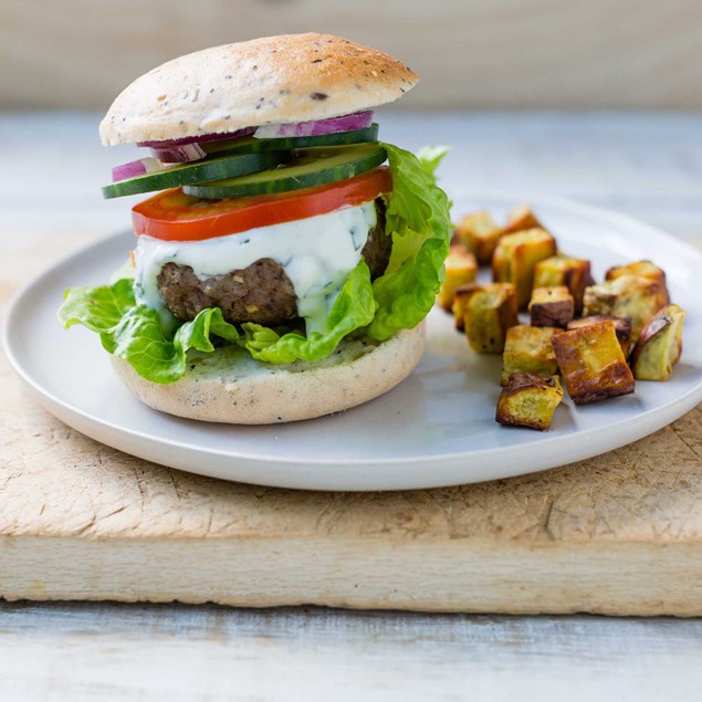 Greek Lamb Burgers with Mint Yoghurt and Kumara Bites