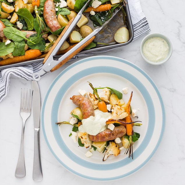 Pork and Fennel Sausage Bake with Herb Aioli and Feta